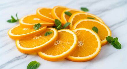 Sliced oranges on marble surface