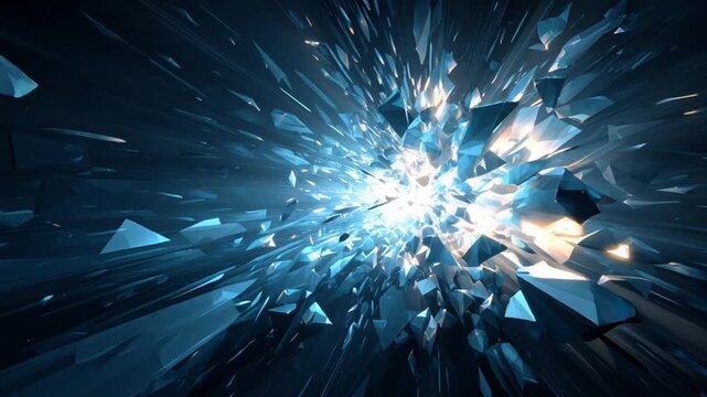 Explosive burst of blue light and shattered glass fragments.