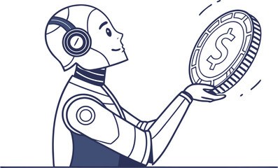 AI Finance Assistant Robot Icon with Coin for Automated Banking and Smart Investments