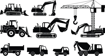 Construction vehicles silhouette vector illustration, excavators, bulldozers, cranes, dump trucks, cement mixer, heavy machinery design for building, excavation, industrial work projects © KailashChandra