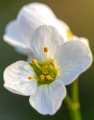 Macro shot of a delicate white flower with visible stamens and petals