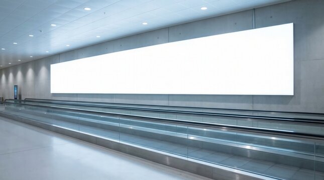 Large blank horizontal billboard mockup with white screen above a moving walkway in a modern airport terminal for advertising and transit concept.