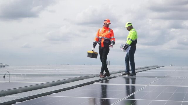 Two technicians in high-visibility uniforms examine and align solar panels on a rooftop, using blueprints and tools for proper setup.