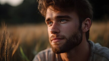 Fototapeta premium A young man with blue eyes and freckles looking thoughtfully into the golden hour sunlight in a field