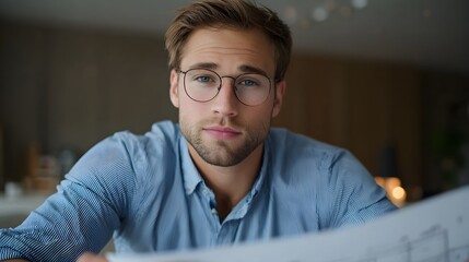 Obraz premium Professional man wearing glasses intently reviews documents in a softly blurred office environment