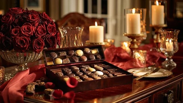 Romantic dinner setup with chocolates and red roses on a wooden table.