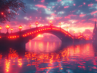 Fototapeta premium Romantic Bridge Lights Shining at the Edge of Night
