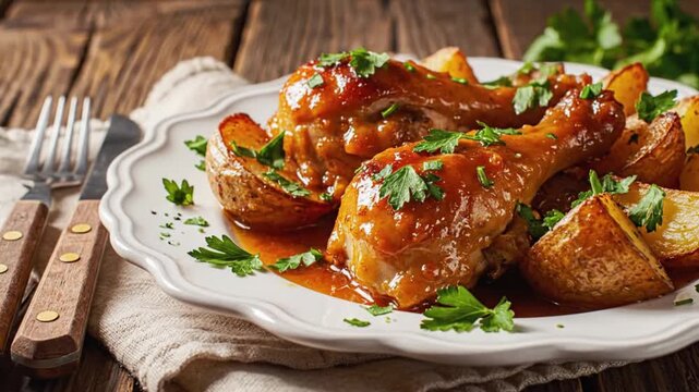 A plate of glazed chicken legs with roasted potatoes garnished with parsley set on a textured cloth with silverware