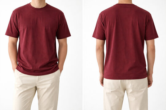 Model with red maroon t-shirt mockup design front and back