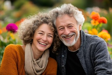 Fototapeta premium Smiling senior couple in a vibrant flower garden
