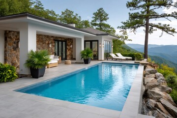 Fototapeta premium Luxury villa infinity pool overlooking mountain range