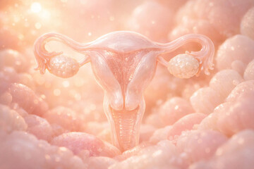 Fototapeta premium Elegant translucent 3D illustration of female uterus and fallopian tubes. symbolizing fertility, reproductive system, gynecology, conception, medical education and women’s health.
