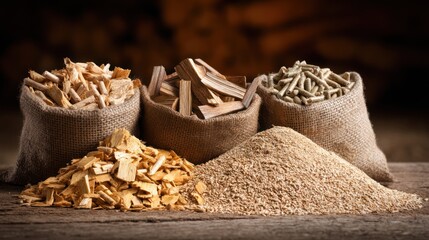 Variety of biomass fuel: wood chips, pellets, straw