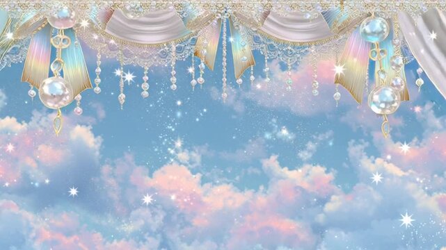 Dreamy clouds and chandelier with crystals and pastel colors.