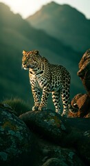 Naklejka premium Leopard Standing on Rocky Mountain Cliff.