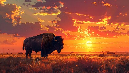 Majestic bison at sunset on the plains, golden hues, dramatic sky