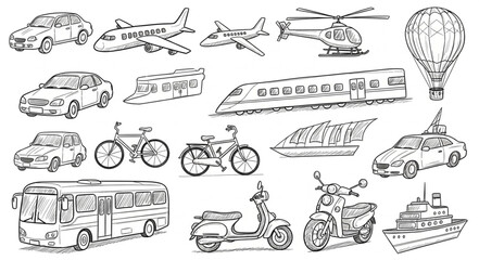 Collection of hand-drawn transportation vehicles and modes of travel.