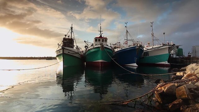 Four large wooden fishing ships bob at marina mooring in dramatic light