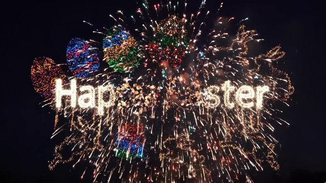Colorful Egg Fireworks Form Happy Easter Night Sky Sparkles With Leaping Bunny Silhouettes And Golden Bursts, Multicolor Eggs Illuminate Dark Sky, Energetic Festive Mood Ideal For Family Greeting.