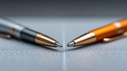 Two pens pointing at each other, representing a deal or confrontation. One is silver and black, the other orange and gold. It has a focus on business and office stationery