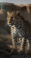 Fototapeta premium Leopard Standing on Rocky Terrain in Wild.