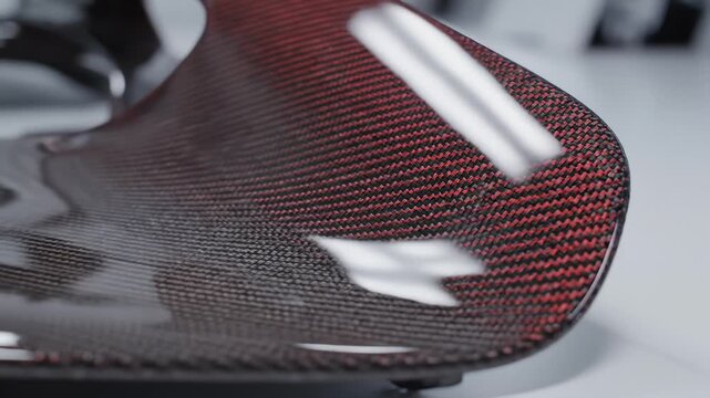 Close Up of a Carbon Fiber Car Part With Red Accents, Macro Shot