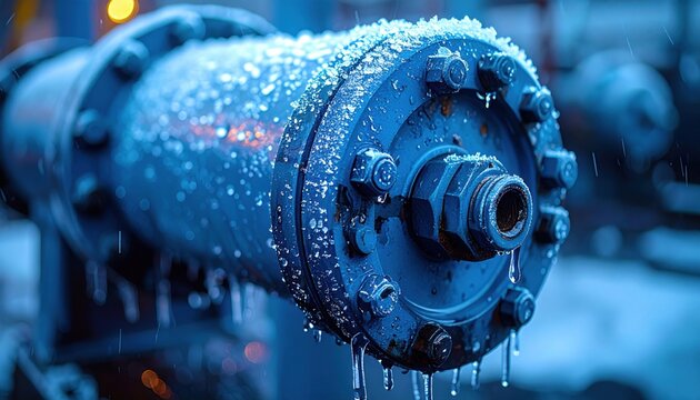 FlyPro Firefly: Detailed photographic capture of frozen water droplets clinging to the metal casing of a deactivated industrial pump, highlighting the extreme cold.