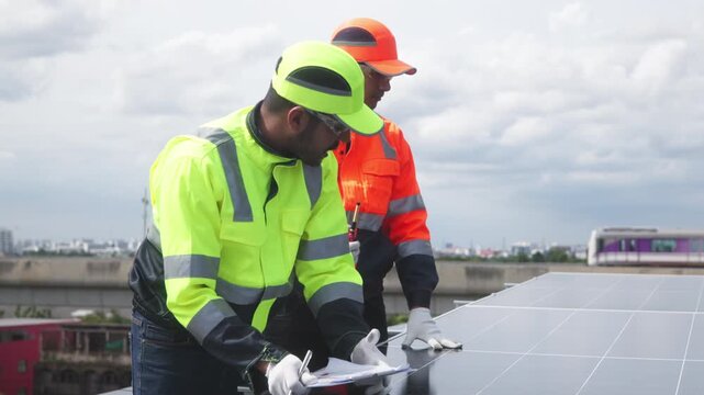 Two technicians in high-visibility uniforms examine and align solar panels on a rooftop, using blueprints and tools for proper setup.