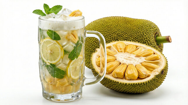 Refreshing jackfruit mojito with fresh mint and lemon slices in a glass mug, whole and halved ripe jackfruit on white background, tropical summer drink, healthy exotic fruit juice close-up.