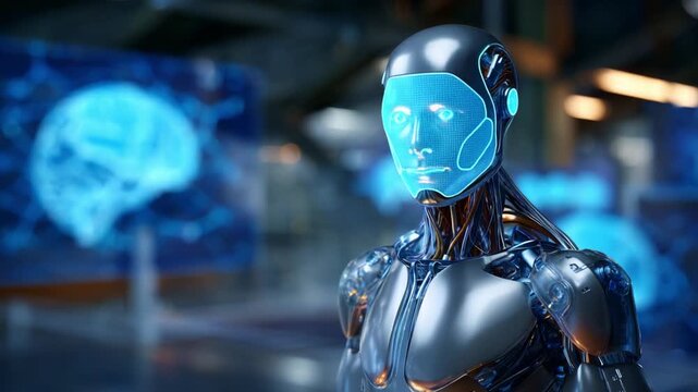 Futuristic humanoid robot with a metallic body and illuminated facial features, set against a backdrop of advanced technology and artificial intelligence graphics.