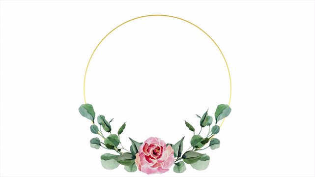 Elegant Watercolor Floral Wreath with Pink Rose and Eucalyptus Leaves.