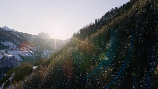 Dense Conifer Forest Mountains At Arabba During Sunrise In The Dolomites, Italy. Aerial Drone Shot