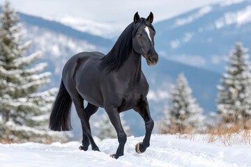 Obraz premium Black horse running in snowy mountain landscape