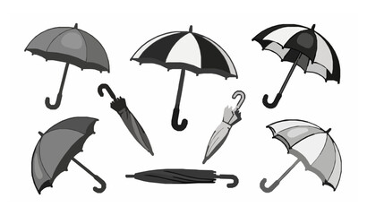Cartoon flat umbrella vector set with realistic rain and parasol types isolated on white background © MD