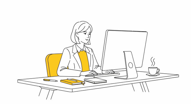 Line art illustration of a woman working at a desk with a computer
