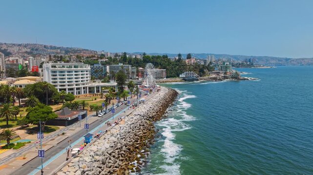 Aerial Establishing Over Beach and Resort Town at Rompeolas Av Peru Rueda in Vina del Mar Chile