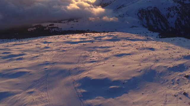 Alpe Lusia, A Prominent Ski And Hiking Area During Sunset In The Dolomites, Italy. Aerial Shot