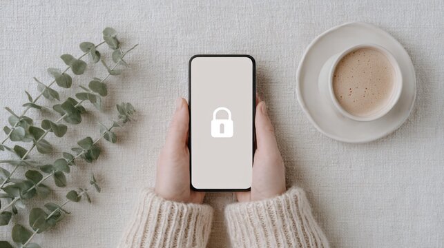 hands holding smartphone with strong password generator UI, clean modern tech lifestyle shot