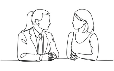 A continuous line drawing depicting two women in a conversation
