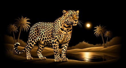 Naklejka premium Leopard Standing Under Night Sky with Palm Trees.