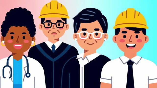 Illustration of diverse professionals in different uniforms, symbolizing teamwork and collaboration in a workplace setting, suitable for business them