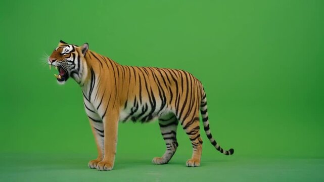 Cinematic greenscreen tiger dramatic lighting realistic animal motion asset for professional video editing projects wildlife documentary scenes background replacement and vfx compositing