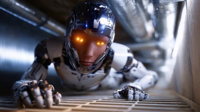 A humanoid robot with glowing eyes crawls through a narrow metallic corridor, showcasing its advanced design and mechanical prowess in a futuristic environment.