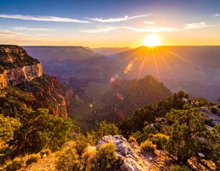 Majestic canyon sunset with glowing sun rays over rugged landscape