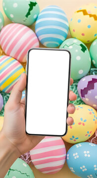A hand holding a phone with easter eggs in the background