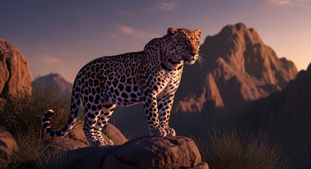 Obraz premium Leopard Standing on Rocky Outcrop at Sunset.