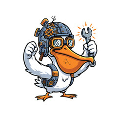 Naklejka premium Steampunk Pelican Mechanic Mascot Holding a Wrench. Cartoon Character Illustration for Repair and Engineering Services.