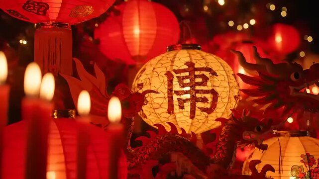 Chinese Lanterns and Candles for New Year.