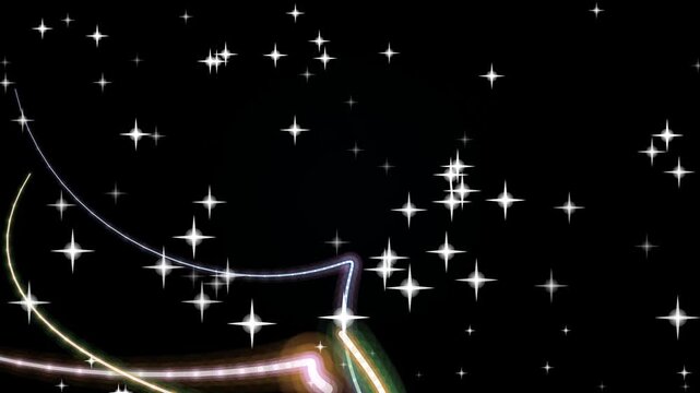 Celestial Serenade: Sparkling stars dance across a deep black canvas, interlaced with graceful, glowing arcs, creating a mesmerizing visual symphony. 