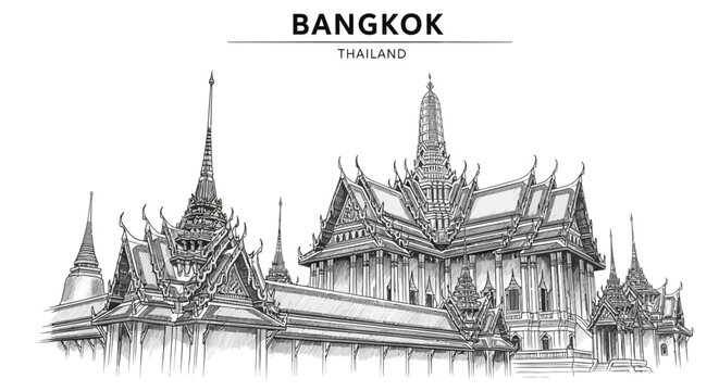 Black and white ink drawing of Thai temple complex architecture labeled BANGKOK THAILAND